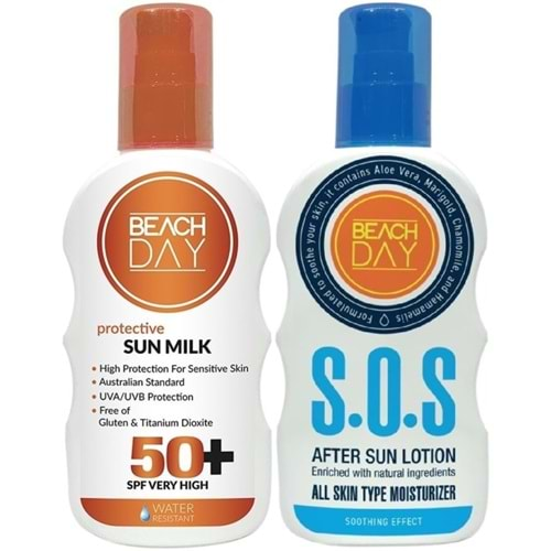 Beach Day Koruyucu Sun Mılk Süt Losyon 50F 150ML Sprey + S.O.S After Sun Lotıon Güneş Sonrası Losyon 150ML Sprey (Karma Set)