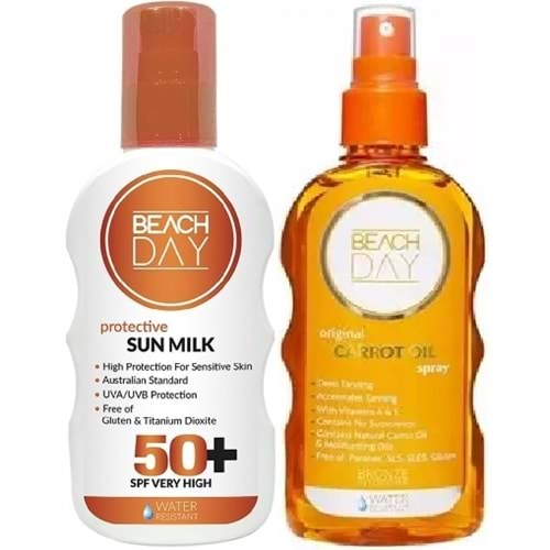 Beach Day Koruyucu Sun Mılk Süt Losyon 50F 150ML Sprey + Bronzlaştırıcı Carrot Oıl Yoğun Havuç Yağ 0F 150ML Sprey (Karma Set)