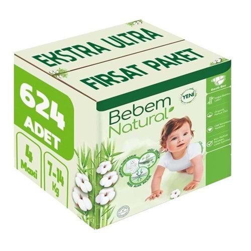 Bebem Bebek Bezi Natural Beden:4 (7-14KG) Maxi 624 Adet Ekstra Ultra Fırsat Pk