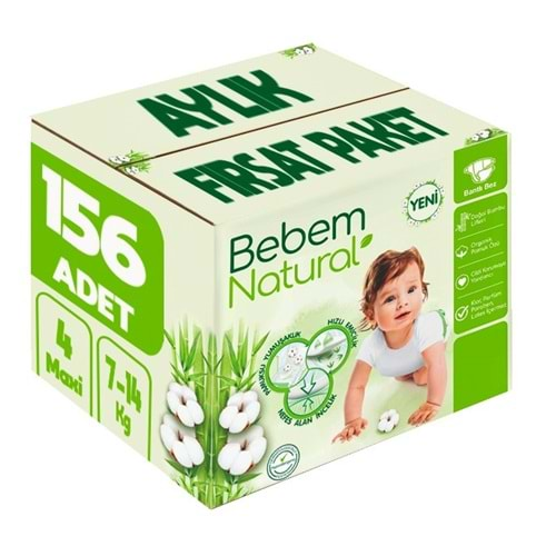 Bebem Bebek Bezi Natural Beden:4 (7-14Kg) Maxi 156 Adet Aylık Fırsat Pk