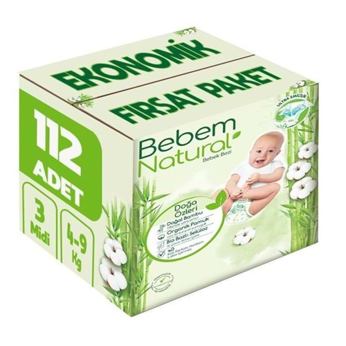 Bebem Bebek Bezi Natural Beden:3 (4-9Kg) Midi 112 Adet Ekonomik Fırsat Pk