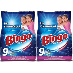 Bingo Matik Toz Çamaşır Deterjanı 18KG Sık Yıkananlar Beyazlar ve Renkliler (2PK*9KG) 120 Yıkama