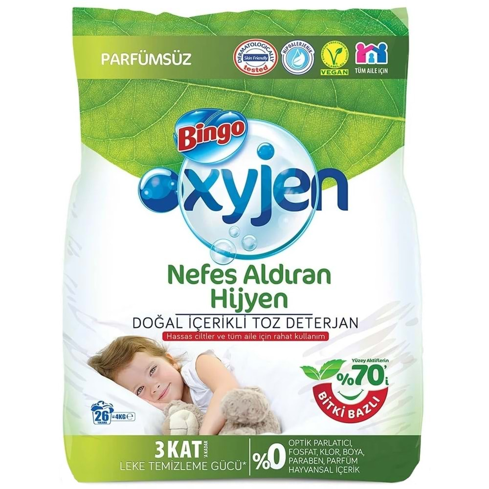 Bingo Toz Çamaşır Deterjanı 20KG Oxyjen Doğal İçerikli Parfümsüz (5PK*4KG) (130 Yıkama)