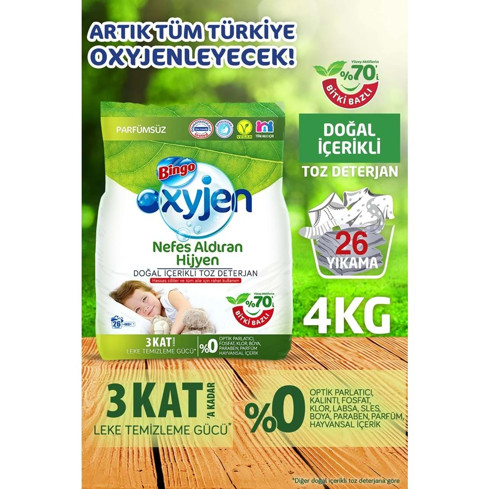 Bingo Toz Çamaşır Deterjanı 20KG Oxyjen Doğal İçerikli Parfümsüz (5PK*4KG) (130 Yıkama)