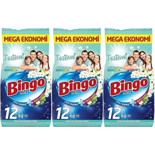Bingo Matik Toz Çamaşır Deterjanı 36KG Festival Beyazlar ve Renkliler (3PK*12KG) (240 Yıkama)