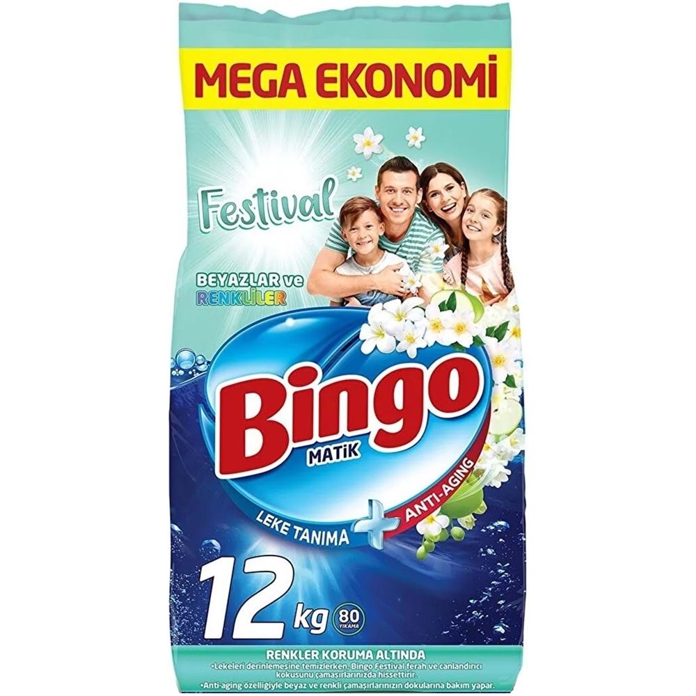 Bingo Matik Toz Çamaşır Deterjanı 36KG Festival Beyazlar ve Renkliler (3PK*12KG) (240 Yıkama)