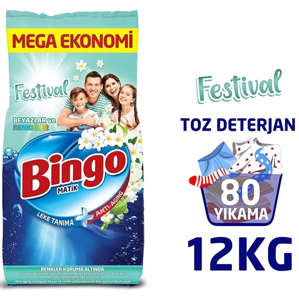 Bingo Matik Toz Çamaşır Deterjanı 36KG Festival Beyazlar ve Renkliler (3PK*12KG) (240 Yıkama)