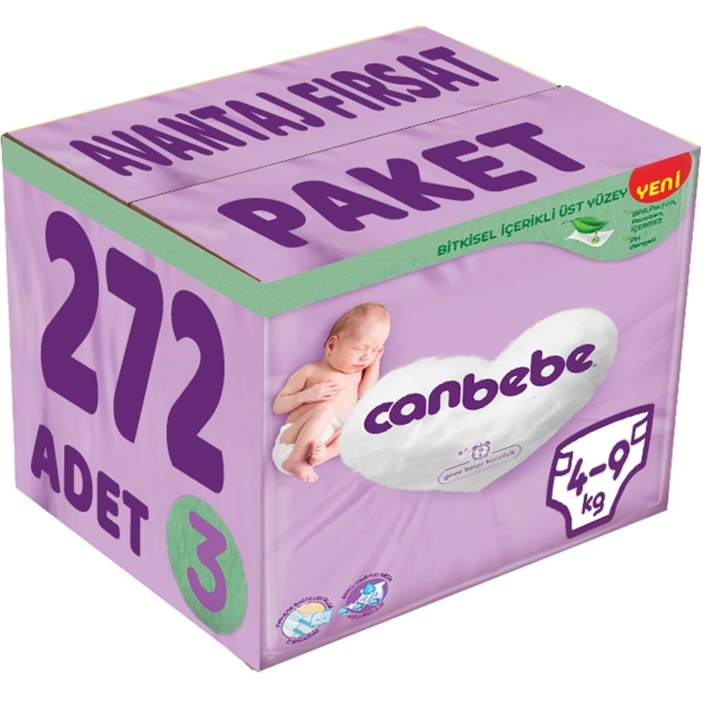 Canbebe Bebek Bezi Beden:3 (4-9Kg) Midi 272 Adet Avantaj Fırsat Pk