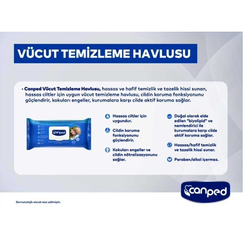 Canped Hasta Vücut Perine Temizleme Islak Mendil Havlu 48 Yaprak XL (5 Li Set) Plastik Kapaklı