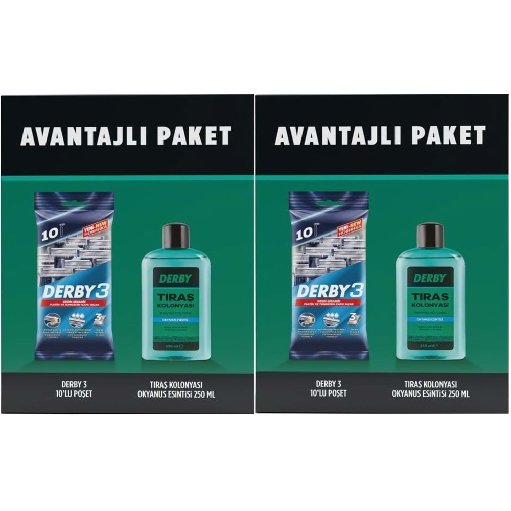 Derby 3 Bıçaklı Traş Bıçağı 10 Lu Pk + Traş Kolonyası 250ML Hediyeli (2 Li Set)