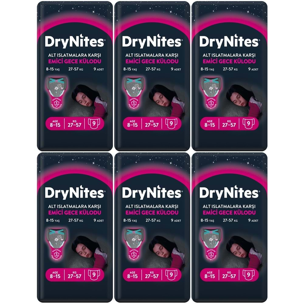 Drynites Emici Gece Külodu/Külot Bez Kız 8-15 Yaş (27-57KG) Large 54 Adet (6PK*9) (Alt Islatmalara Karşı)