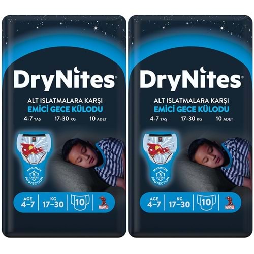 Drynites Emici Gece Külodu/Külot Bez Erkek 4-7 Yaş (17-30KG) Small 20 Adet (2PK*10) (Alt Islatmalara Karşı)