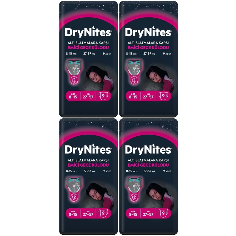 Drynites Emici Gece Külodu/Külot Bez Kız 8-15 Yaş (27-57KG) Large 36 Adet (4PK*9) (Alt Islatmalara Karşı)