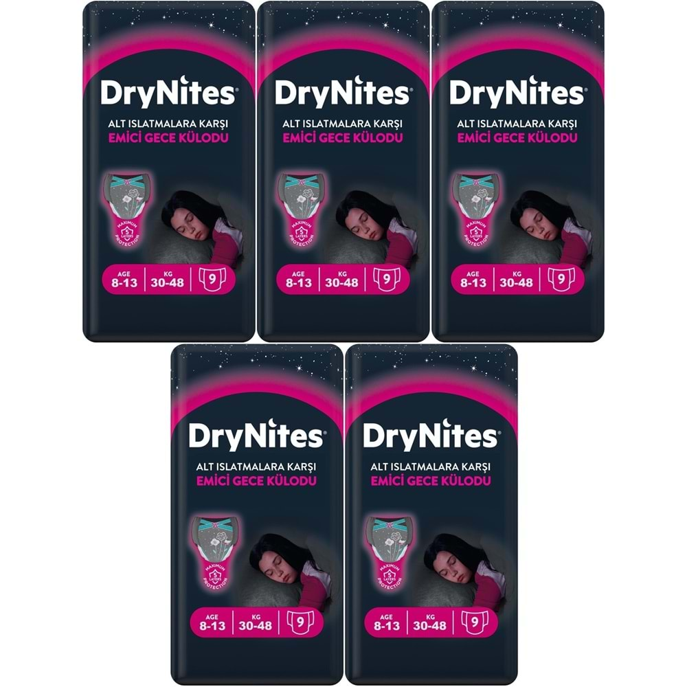 Drynites Emici Gece Külodu/Külot Bez Kız 8-13 Yaş 30-48KG Large 45 Adet 5PK*9 Alt Islatmalara Karşı