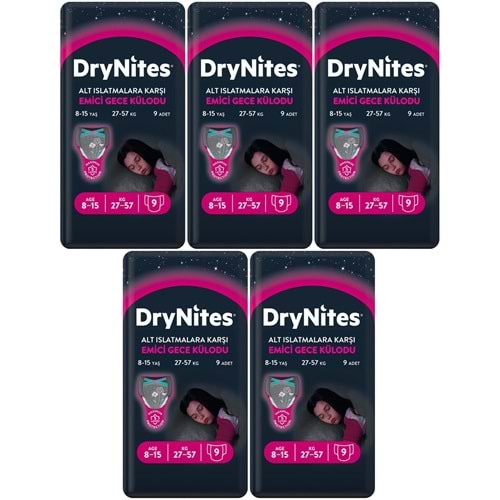 Drynites Emici Gece Külodu/Külot Bez Kız 8-15 Yaş (27-57KG) Large 45 Adet (5PK*9) (Alt Islatmalara Karşı)