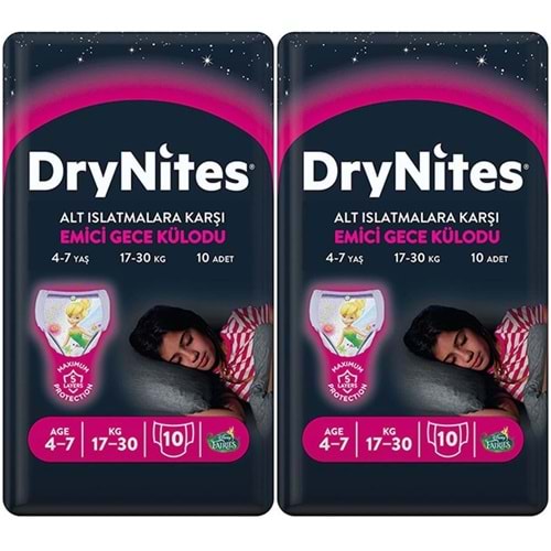 Drynites Emici Gece Külodu/Külot Bez Kız 4-7 Yaş (27-30KG) Large 20 Adet (2PK*10) (Alt Islatmalara Karşı)