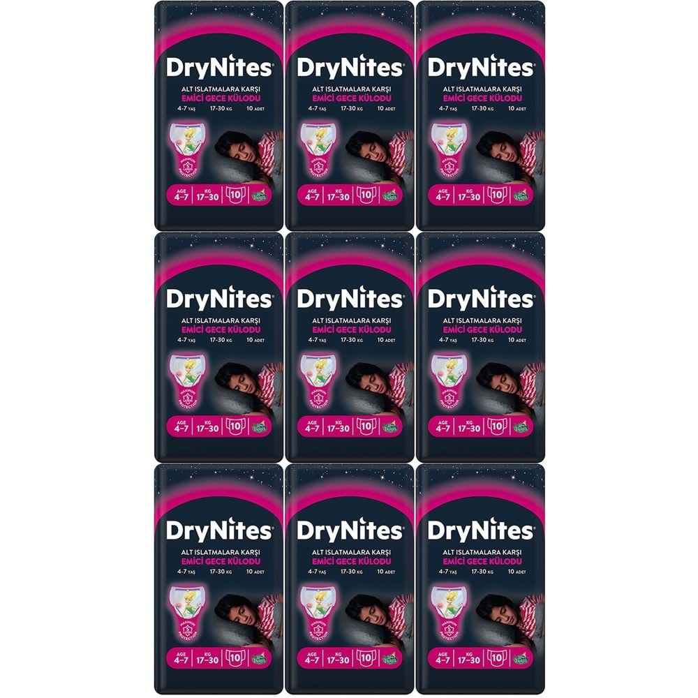 Drynites Emici Gece Külodu/Külot Bez Kız 4-7 Yaş (27-30KG) Large 90 Adet (9PK*10) (Alt Islatmalara Karşı)