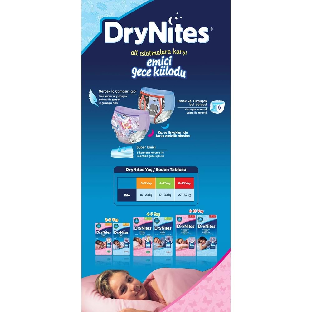 Drynites Emici Gece Külodu/Külot Bez Kız 4-7 Yaş (27-30KG) Large 90 Adet (9PK*10) (Alt Islatmalara Karşı)