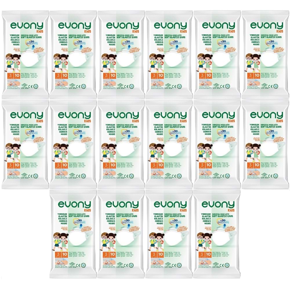 Evony 3 Katlı Filtreli Burun Telli Cerrahi Maske (Kids Çoçuklar İçin) 160 Lı Set (16Pk*10) (Desenli)