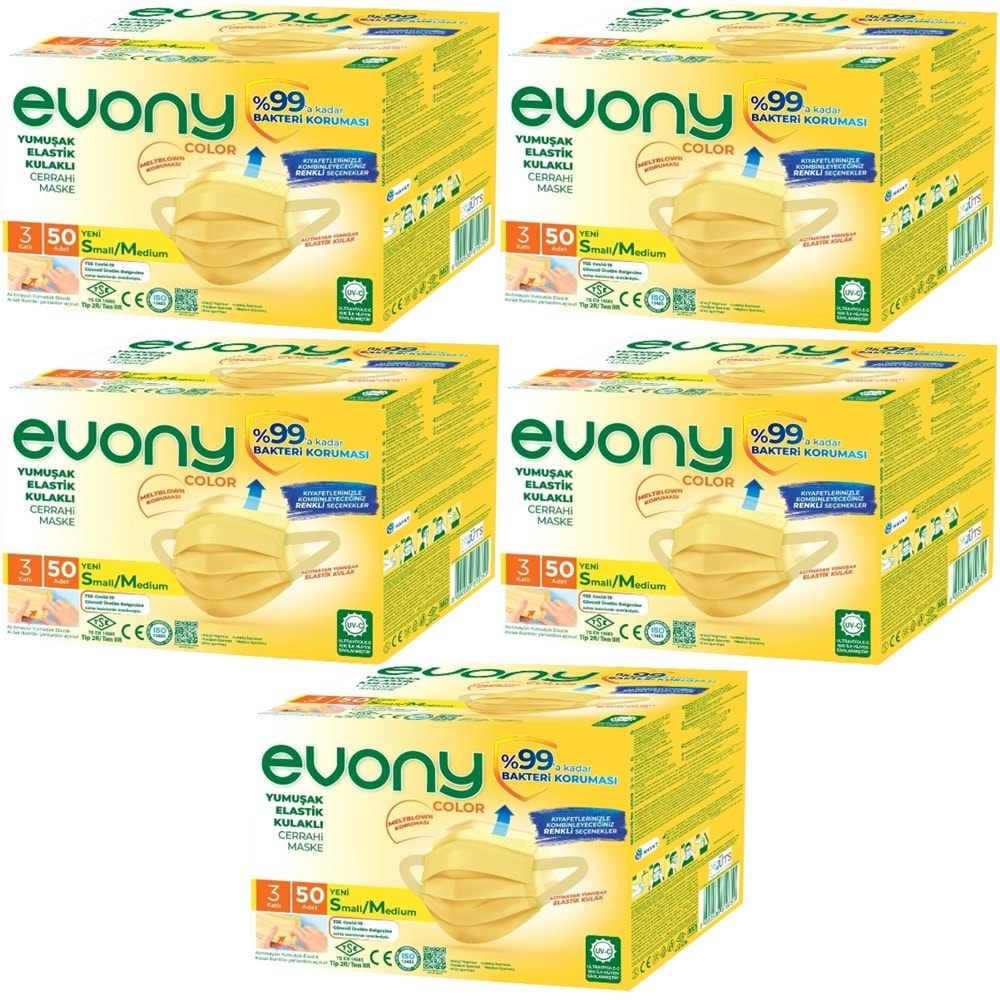 Evony 3 Katlı Filtreli Burun Telli Cerrahi Maske 250 Li Set Small/Medium Sarı 160*90MM (5PK*50)