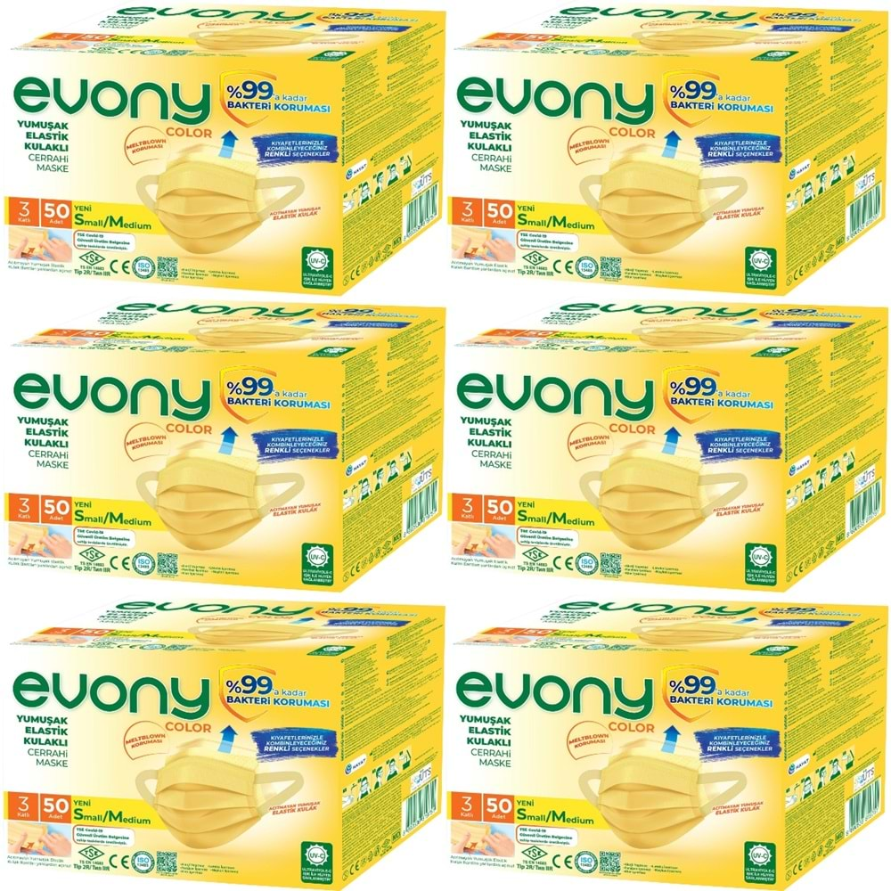 Evony 3 Katlı Filtreli Burun Telli Cerrahi Maske 300 Lü Set Small/Medium Sarı 160*90MM (6PK*50)