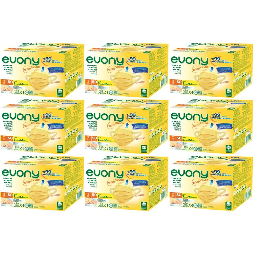 Evony 3 Katlı Filtreli Burun Telli Cerrahi Maske 450 Li Set Small/Medium Sarı 160*90MM (9PK*50)