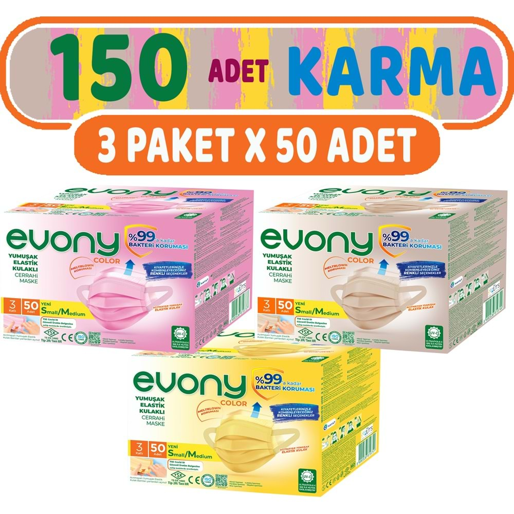 Evony 3 Katlı Filtreli Burun Telli Cerrahi Maske 150 Li Set Karma Small/Medium (Sarı/Pembe/Bej)