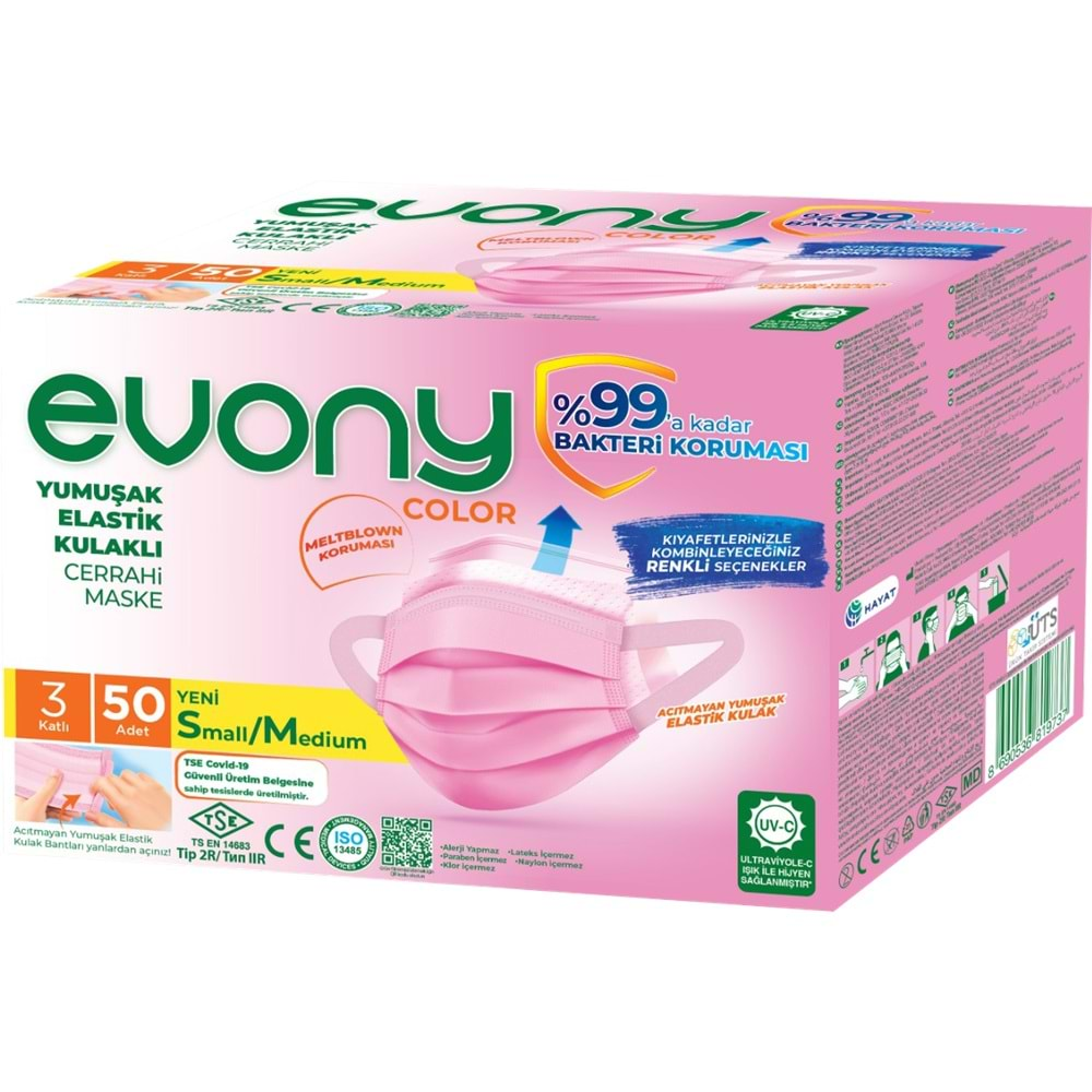 Evony 3 Katlı Filtreli Burun Telli Cerrahi Maske 150 Li Set Karma Small/Medium (Sarı/Pembe/Bej)