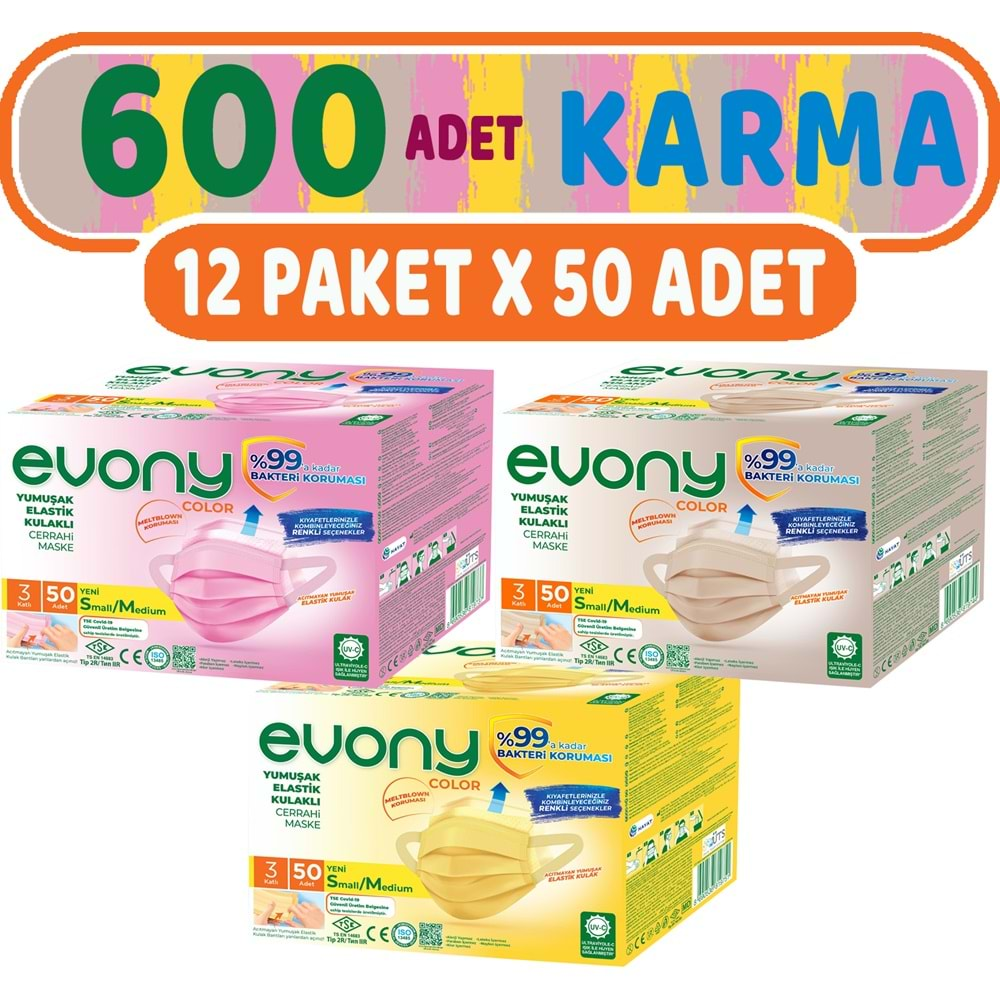 Evony 3 Katlı Filtreli Burun Telli Cerrahi Maske 600 Lü Set Karma Small/Medium (Sarı/Pembe/Bej)