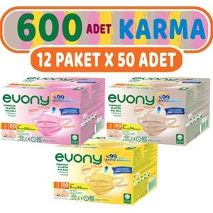 Evony 3 Katlı Filtreli Burun Telli Cerrahi Maske 600 Lü Set Karma Small/Medium (Sarı/Pembe/Bej)