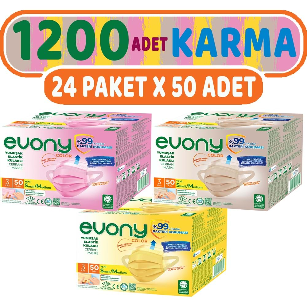 Evony 3 Katlı Filtreli Burun Telli Cerrahi Maske 1200 Lü Set Karma Small/Medium (Sarı/Pembe/Bej)