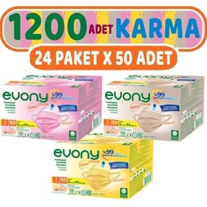 Evony 3 Katlı Filtreli Burun Telli Cerrahi Maske 1200 Lü Set Karma Small/Medium (Sarı/Pembe/Bej)