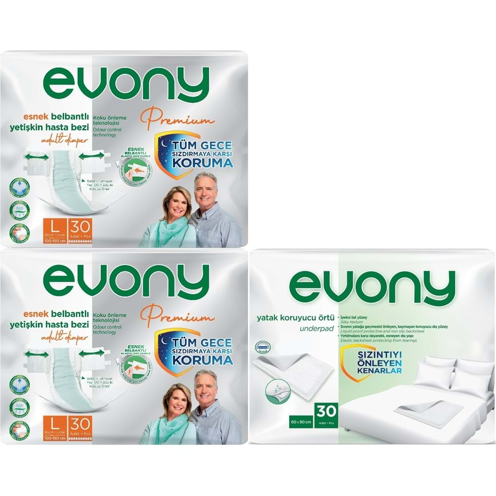 Evony Premium Hasta Bezi Yetişkin Bel Bantlı Tekstil Yüzey Büyük 60 Adet+Yatak Koruyucu Örtü 30 Adet