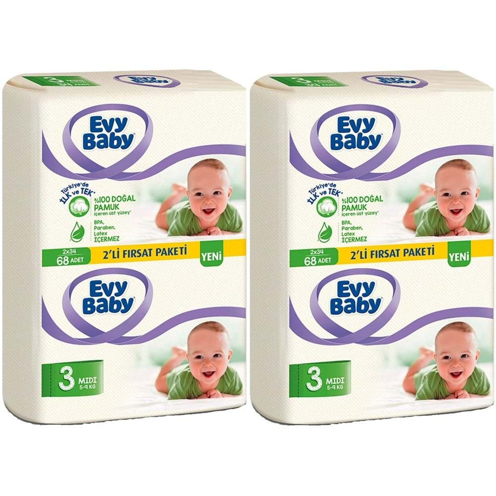 Evy Baby Bebek Bezi Beden:3 (5-9Kg) Midi 136 Adet (2 Li Set) (2 Li Fırsat Pk Serisi)