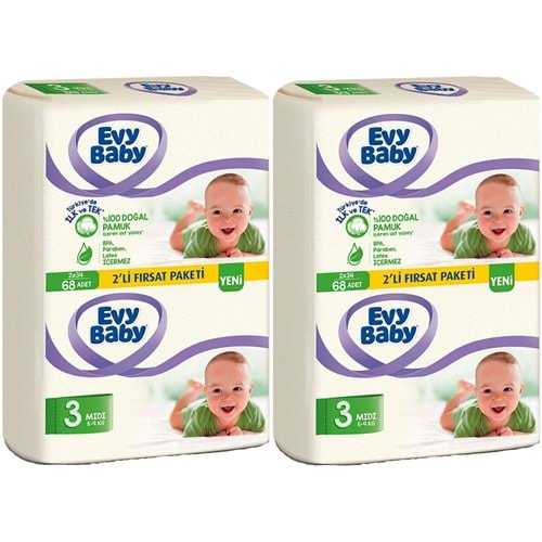 Evy Baby Bebek Bezi Beden:3 (5-9Kg) Midi 136 Adet (2 Li Set) (2 Li Fırsat Pk Serisi)