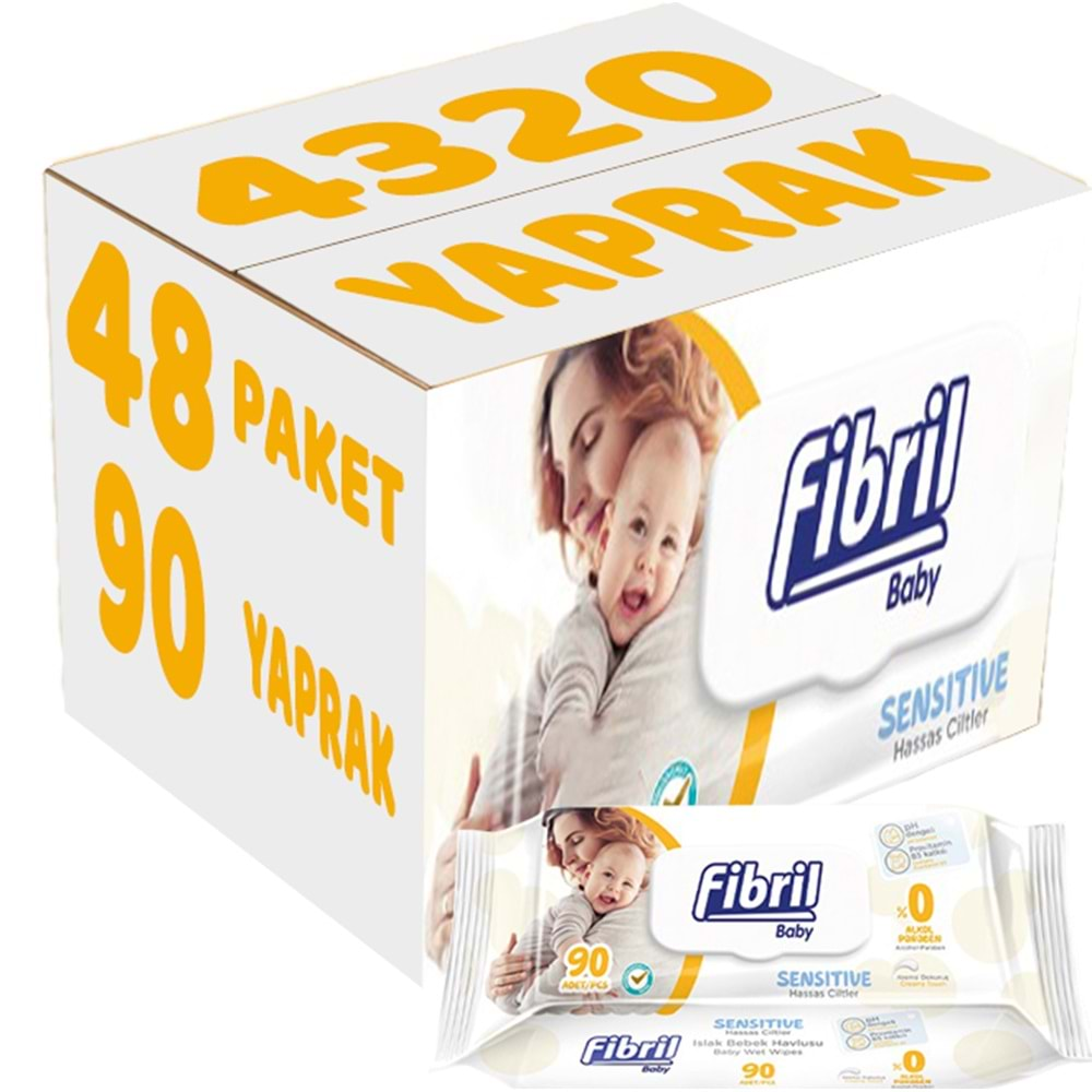 Fibril Islak Havlu Mendil 90 Yaprak Baby Sensitive Plastik Kapaklı (48 Li Set) 4320 Yaprak