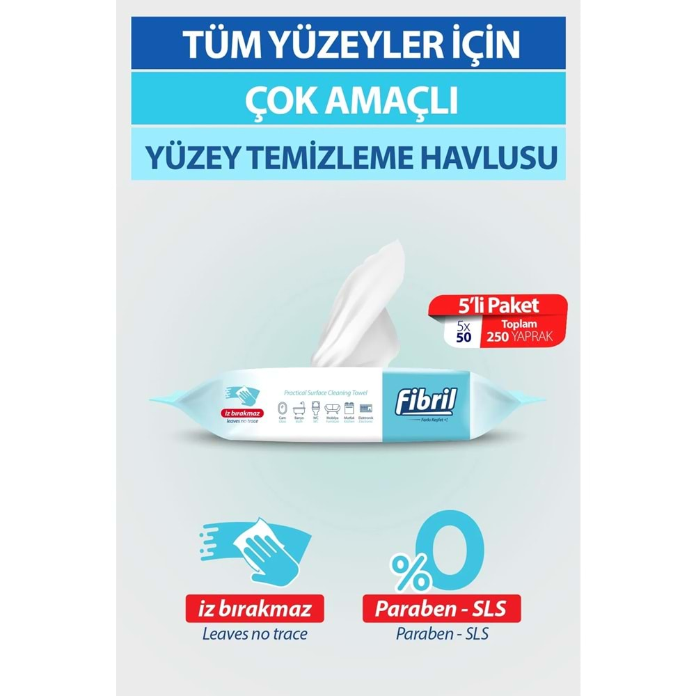 Fibril Yüzey Temizlik Havlusu 50 Yaprak XL Karma 8 Li Set Beyaz Sirke-Sabun-Temizlik Kokulu 400 Yp