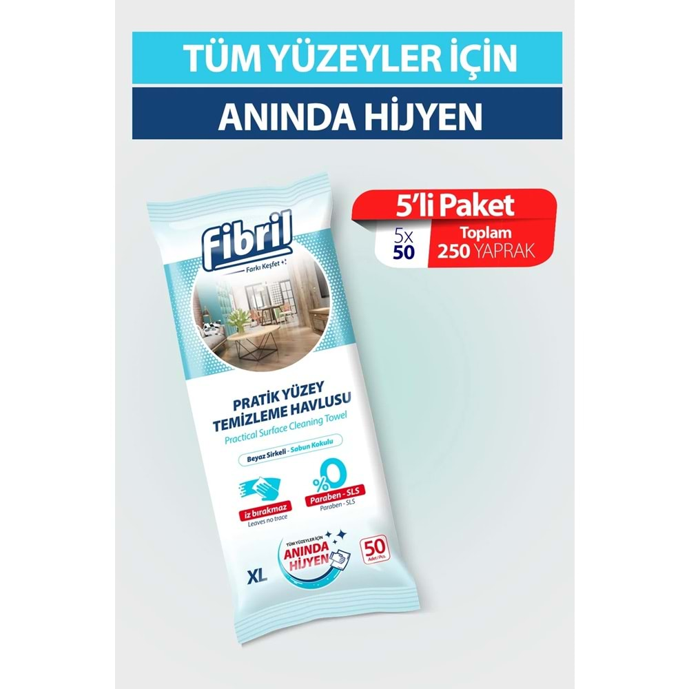 Fibril Yüzey Temizlik Havlusu 50 Yaprak XL Karma 8 Li Set Beyaz Sirke-Sabun-Temizlik Kokulu 400 Yp