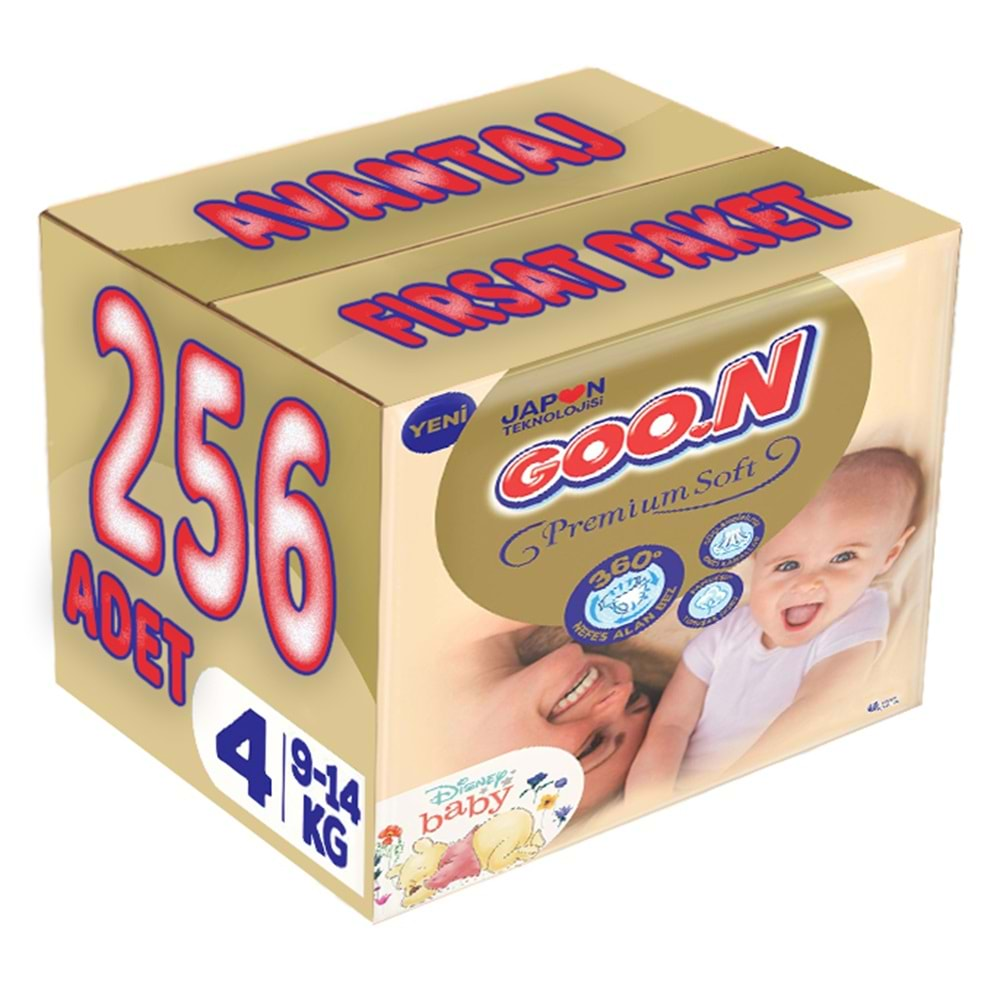 Goon Premium Soft Bebek Bezi Beden:4 (9-14Kg) Maxi 256 Adet Avantaj Fırsat Pk