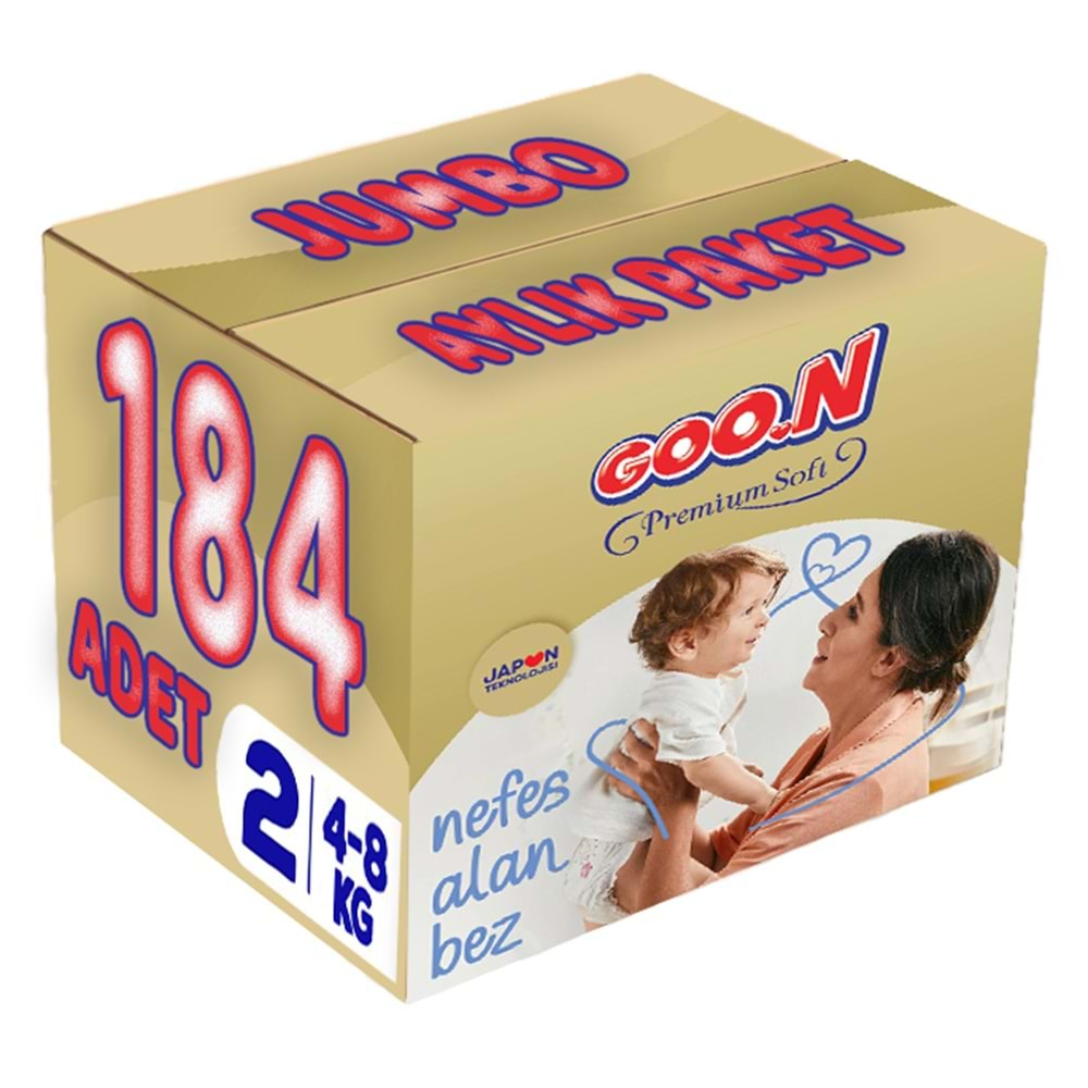 Goon Premium Soft Bebek Bezi Beden:2 (4-8Kg) Mini 184 Adet Jumbo Aylık Pk