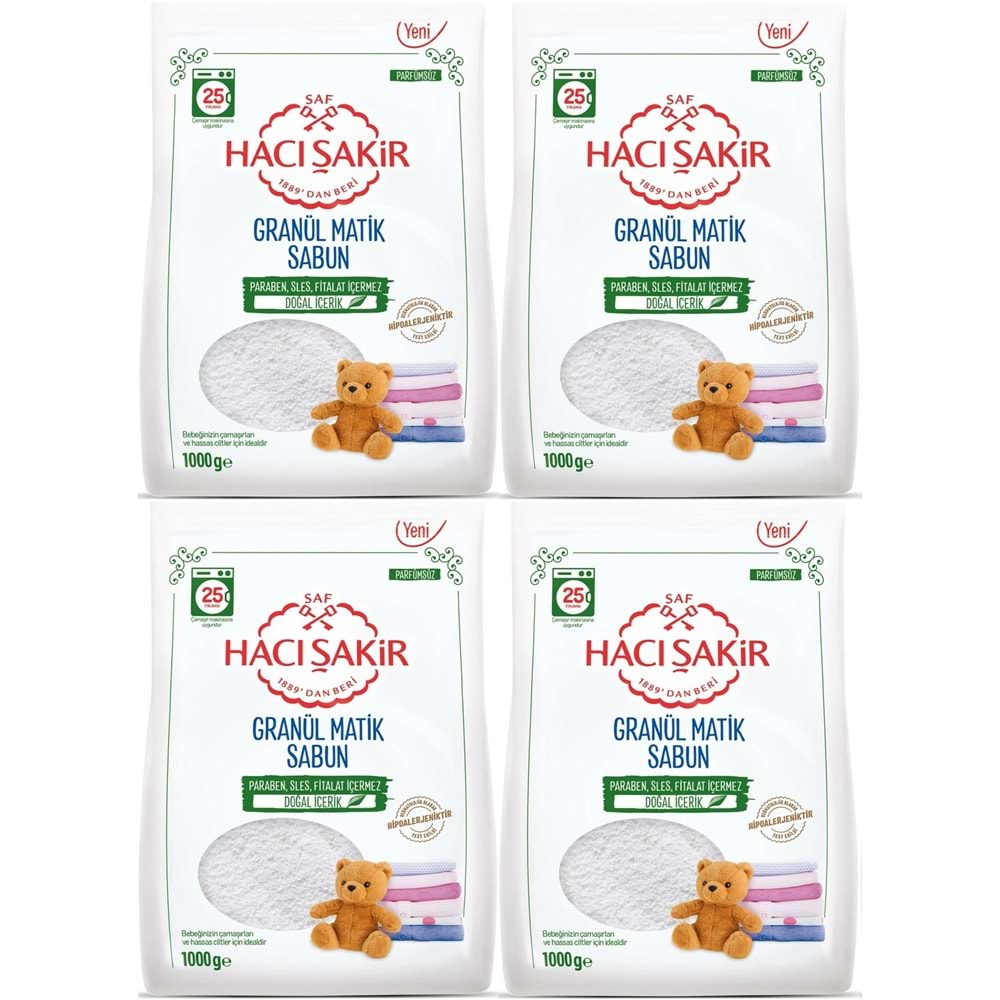 Hacı Şakir Sabun Tozu Granül Matik 4KG Parfümsüz (Bebekler/Hassas Ciltler İçin) 100 Yıkama (4PK*1KG)