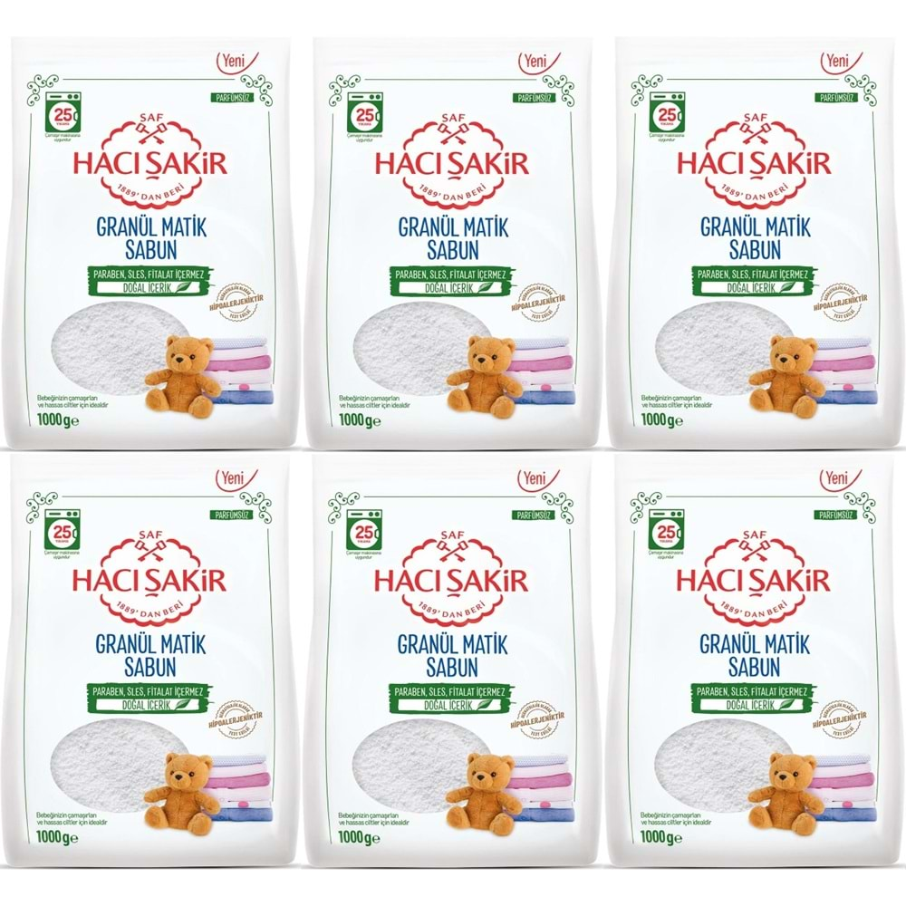 Hacı Şakir Sabun Tozu Granül Matik 6KG Parfümsüz (Bebekler/Hassas Ciltler İçin) 150 Yıkama (6PK*1KG)