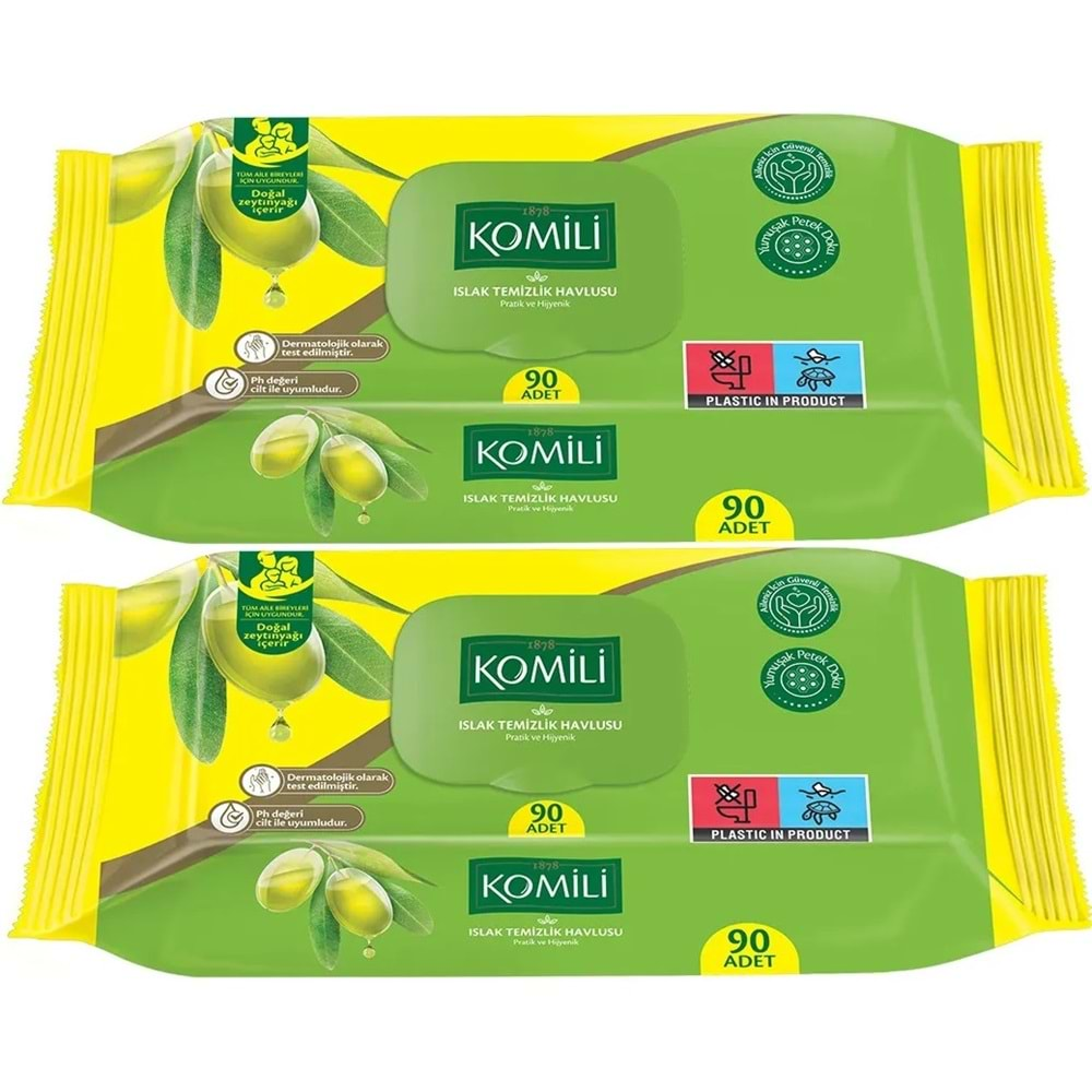 Komili Islak Havlu Mendil 90 Yaprak (2 Li Set) Zeytin Yağlı Plastik Kapaklı (2PK*90) 180 Yaprak