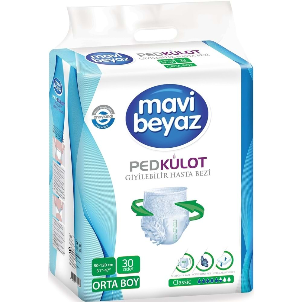 Mavi Beyaz Ped Emici Külot Hasta Bezi M - Medium Orta 60 Adet + Yatak Koruyucu Örtü 60*90CM 30 Adet