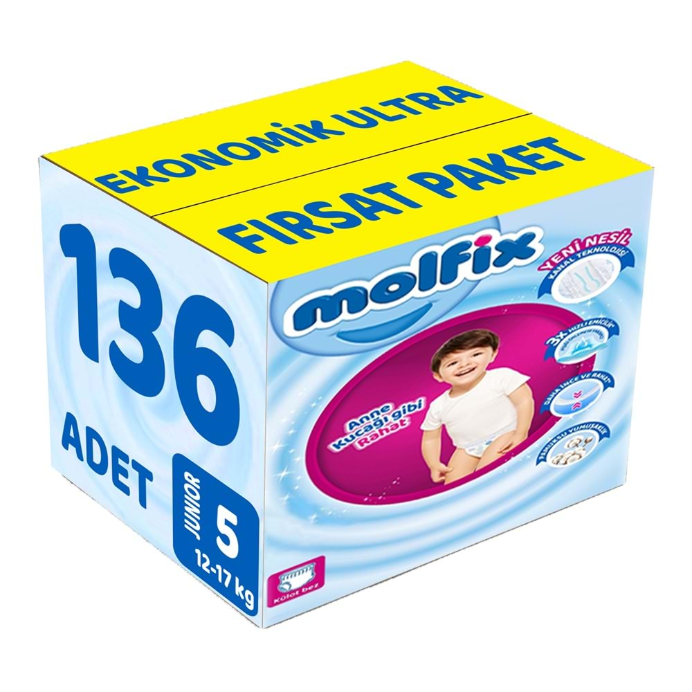 Molfix Külot Bebek Bezi Beden:5 (12-17KG) Junior 136 Adet Ekonomik Ultra Fırsat Pk