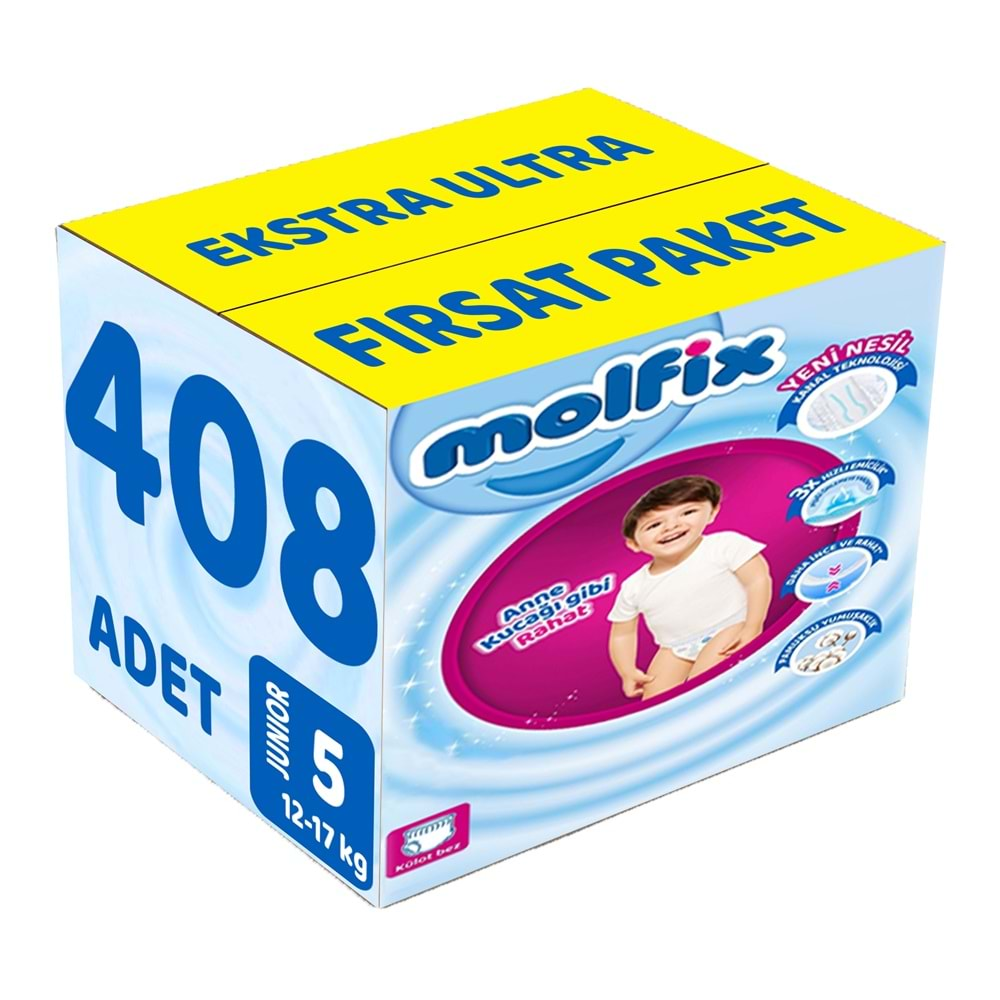 Molfix Külot Bebek Bezi Beden:5 (12-17KG) Junior 408 Adet Ekstra Ultra Fırsat Pk