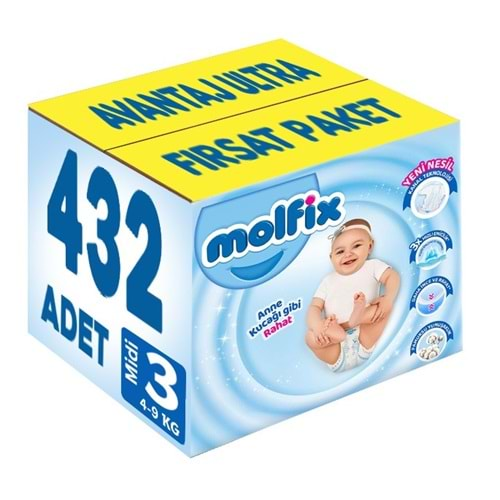 Molfix Bebek Bezi Beden:3 (4-9Kg) Midi 432 Adet Avantaj Ultra Fırsat Pk