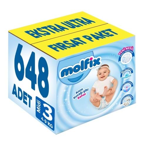 Molfix Bebek Bezi Beden:3 (4-9Kg) Midi 648 Adet Ekstra Ultra Fırsat Pk