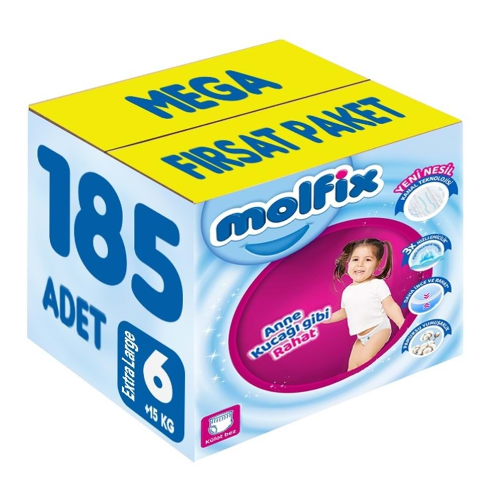 Molfix Külot Bebek Bezi Beden:6 (15+KG) Extra Large 185 Adet Mega Fırsat Pk