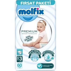 Molfix Premium Bebek Bezi Beden:3 (4-9KG) Midi 120 Adet Fırsat Pk + 3 Adet Islak Mendil